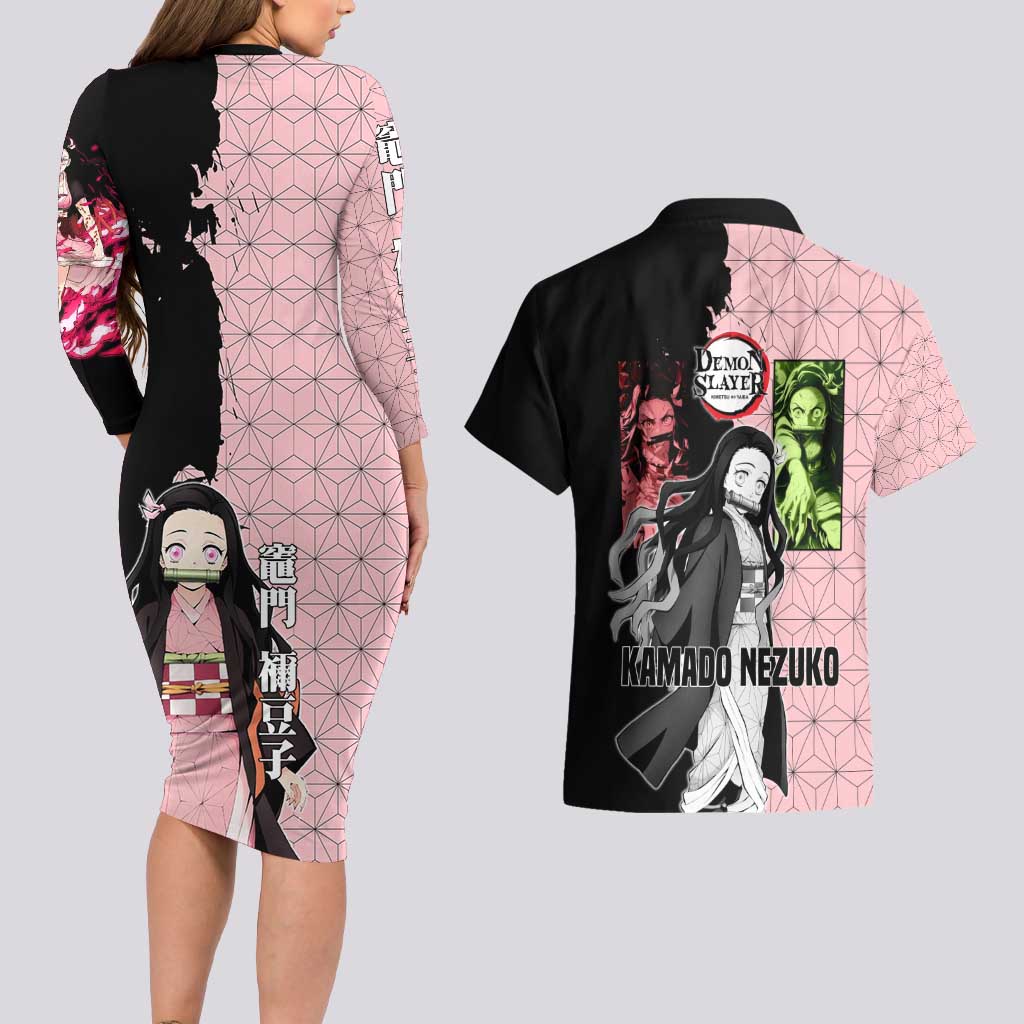 Nezuko Kamado from Demon Slayer Couples Matching Long Sleeve Bodycon Dress and Hawaiian Shirt with Pink Pattern Kimono and Demon Form Flames Design - The Mazicc