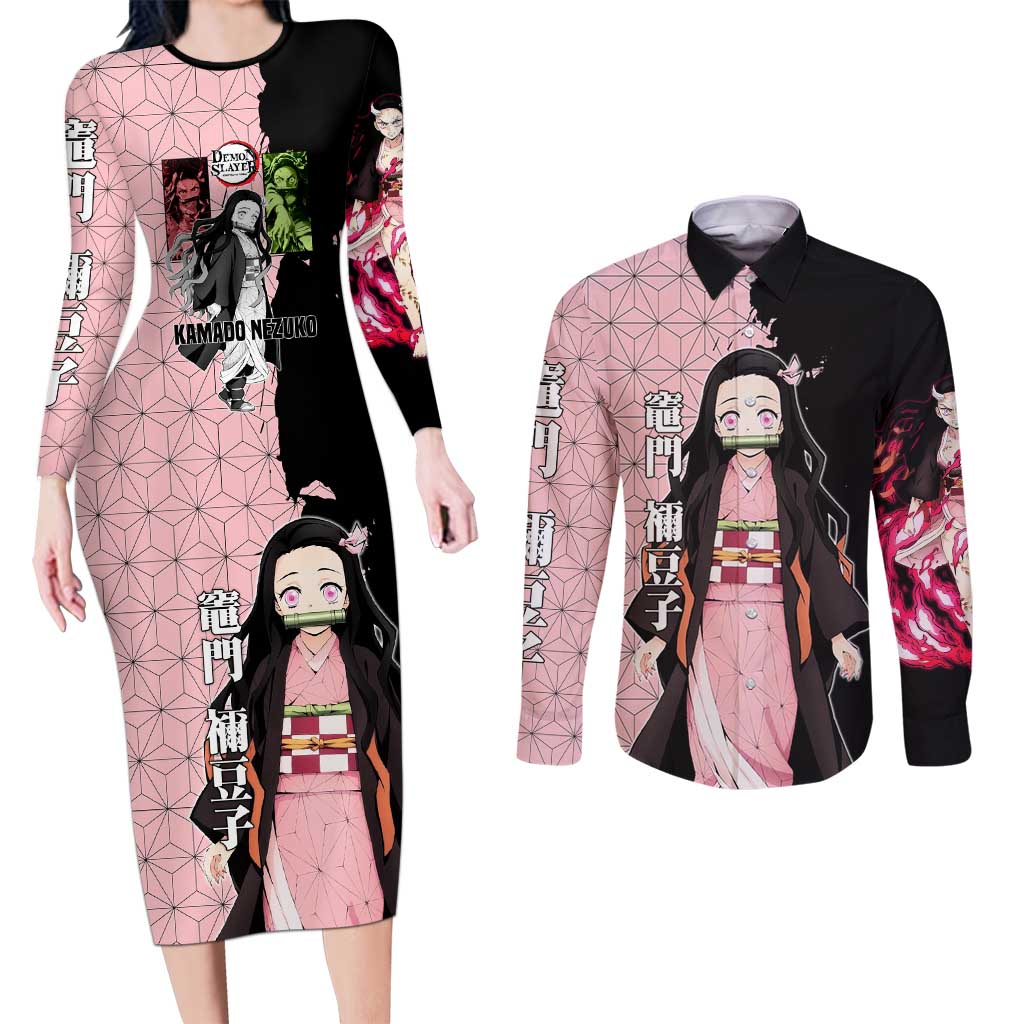Nezuko Kamado from Demon Slayer Couples Matching Long Sleeve Bodycon Dress and Long Sleeve Button Shirt with Pink Pattern Kimono and Demon Form Flames Design - The Mazicc