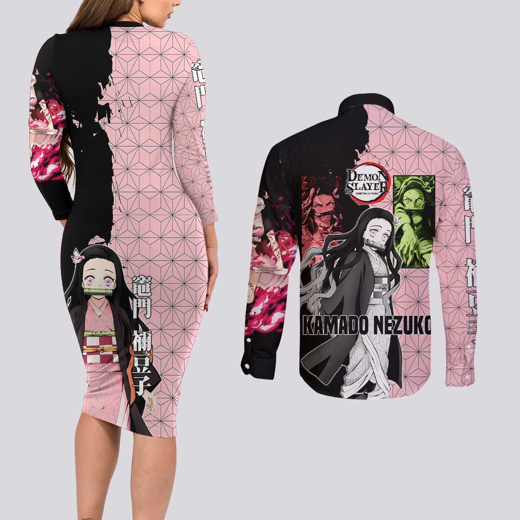 Nezuko Kamado from Demon Slayer Couples Matching Long Sleeve Bodycon Dress and Long Sleeve Button Shirt with Pink Pattern Kimono and Demon Form Flames Design - The Mazicc