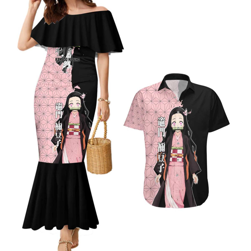 Nezuko Kamado from Demon Slayer Couples Matching Mermaid Dress and Hawaiian Shirt with Pink Pattern Kimono and Demon Form Flames Design - The Mazicc