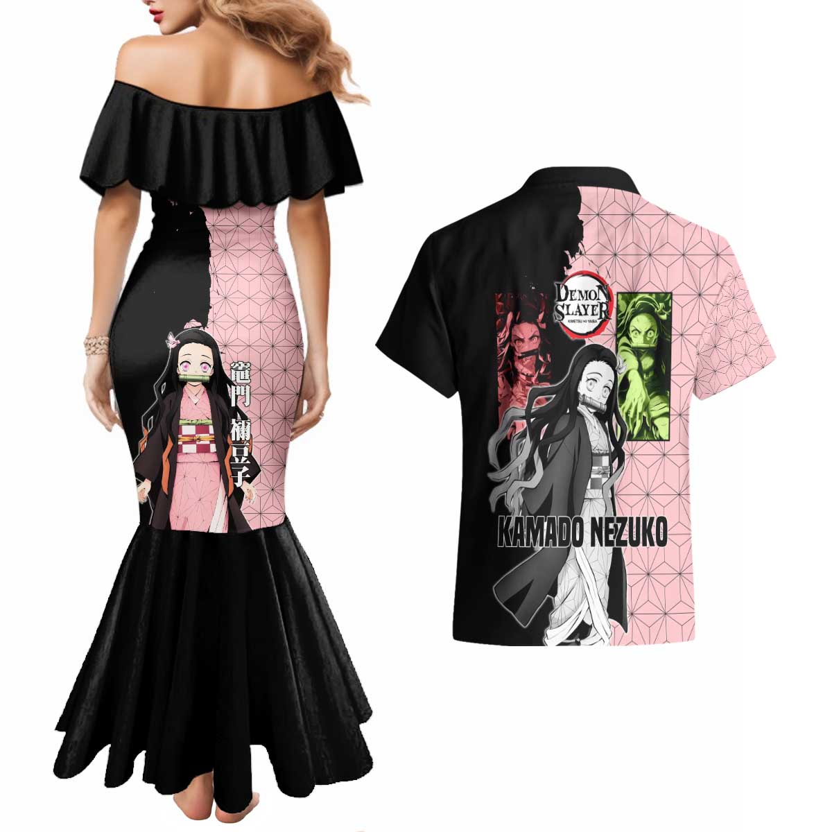 Nezuko Kamado from Demon Slayer Couples Matching Mermaid Dress and Hawaiian Shirt with Pink Pattern Kimono and Demon Form Flames Design - The Mazicc