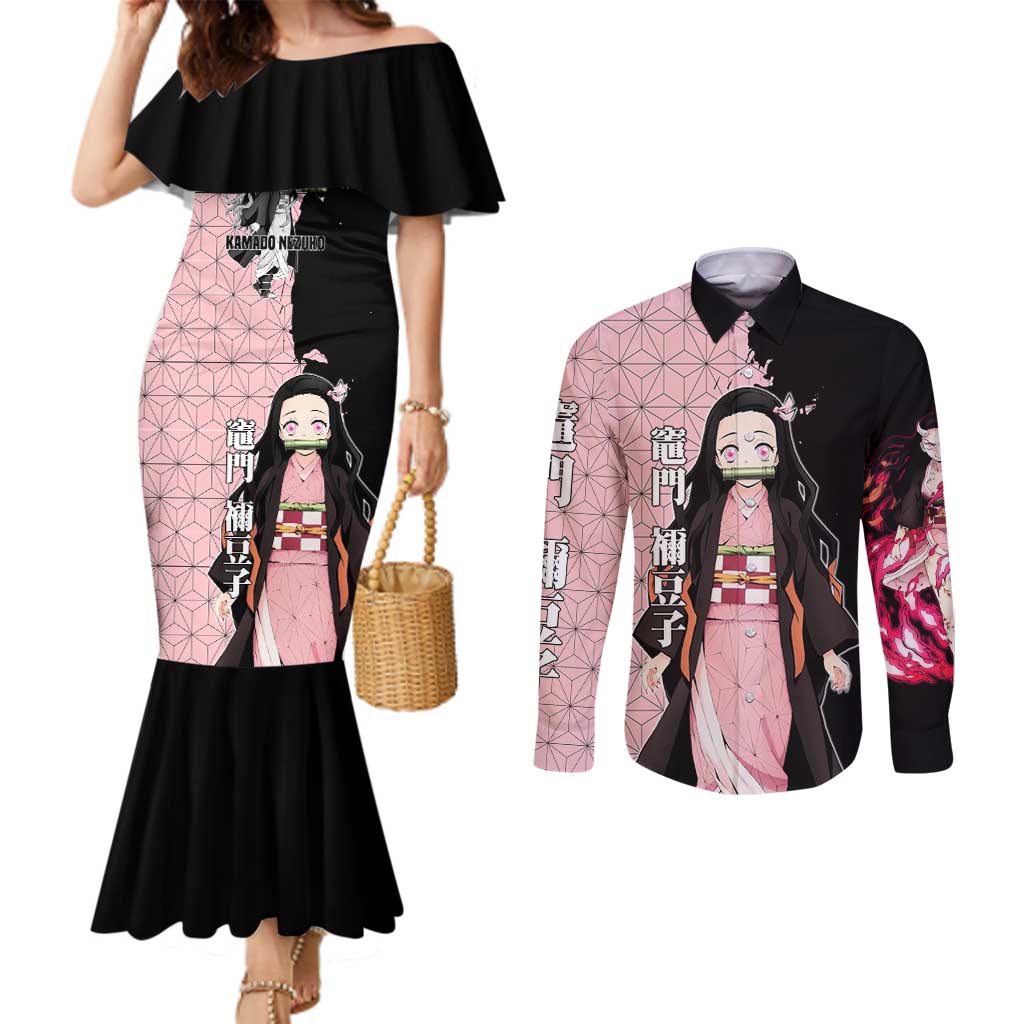 Nezuko Kamado from Demon Slayer Couples Matching Mermaid Dress and Long Sleeve Button Shirt with Pink Pattern Kimono and Demon Form Flames Design - The Mazicc