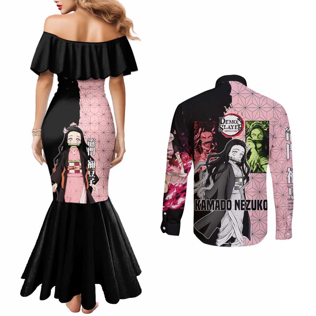 Nezuko Kamado from Demon Slayer Couples Matching Mermaid Dress and Long Sleeve Button Shirt with Pink Pattern Kimono and Demon Form Flames Design - The Mazicc