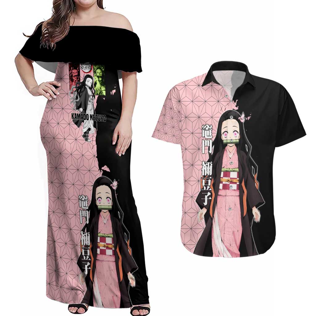 Nezuko Kamado from Demon Slayer Couples Matching Off Shoulder Maxi Dress and Hawaiian Shirt with Pink Pattern Kimono and Demon Form Flames Design - The Mazicc