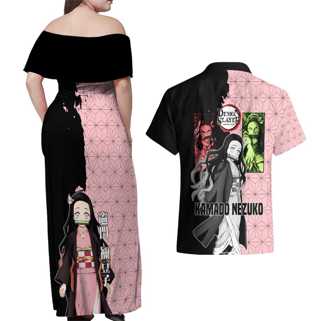 Nezuko Kamado from Demon Slayer Couples Matching Off Shoulder Maxi Dress and Hawaiian Shirt with Pink Pattern Kimono and Demon Form Flames Design - The Mazicc