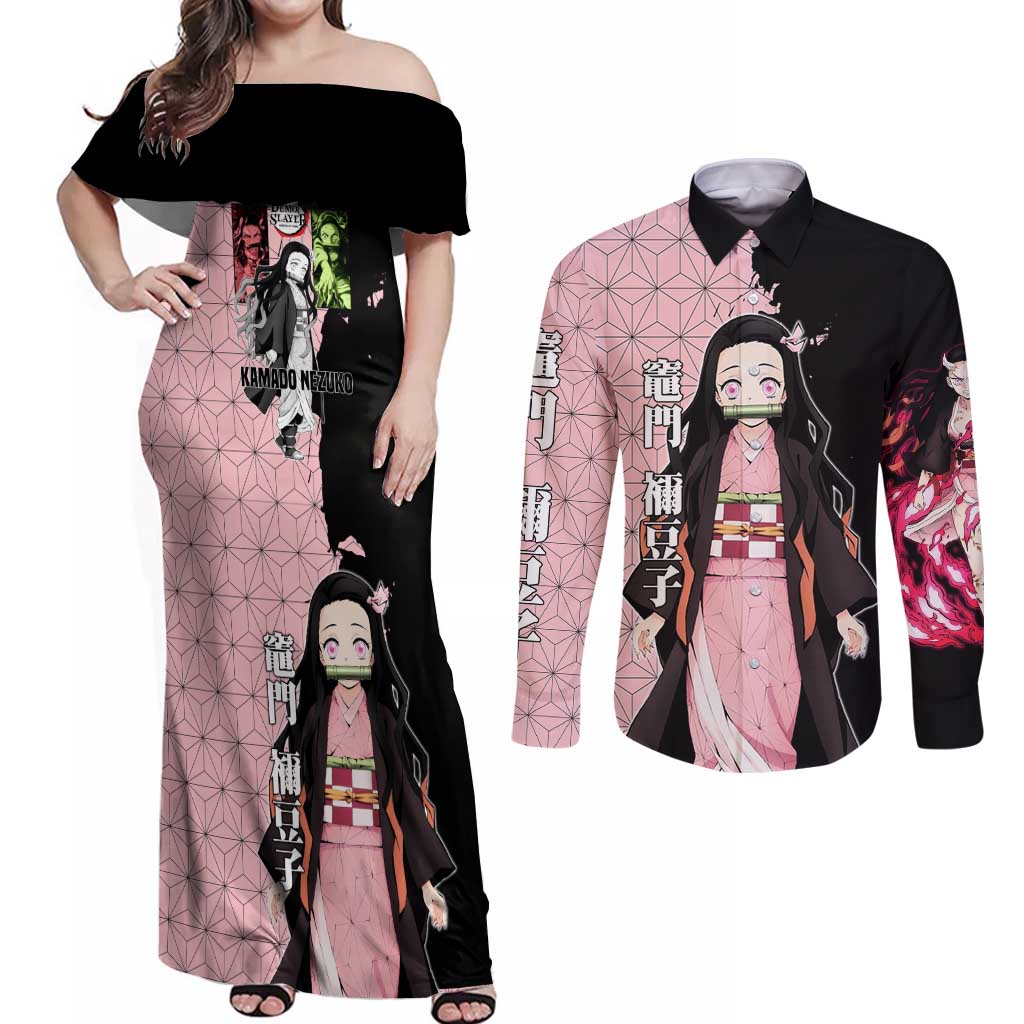 Nezuko Kamado from Demon Slayer Couples Matching Off Shoulder Maxi Dress and Long Sleeve Button Shirt with Pink Pattern Kimono and Demon Form Flames Design - The Mazicc