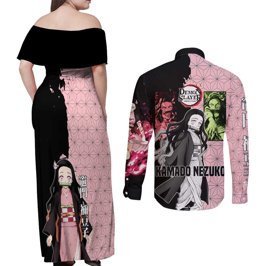 Nezuko Kamado from Demon Slayer Couples Matching Off Shoulder Maxi Dress and Long Sleeve Button Shirt with Pink Pattern Kimono and Demon Form Flames Design - The Mazicc