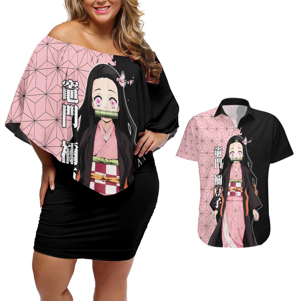 Nezuko Kamado from Demon Slayer Couples Matching Off Shoulder Short Dress and Hawaiian Shirt with Pink Pattern Kimono and Demon Form Flames Design - The Mazicc