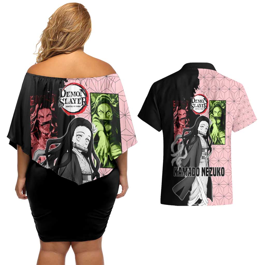 Nezuko Kamado from Demon Slayer Couples Matching Off Shoulder Short Dress and Hawaiian Shirt with Pink Pattern Kimono and Demon Form Flames Design - The Mazicc