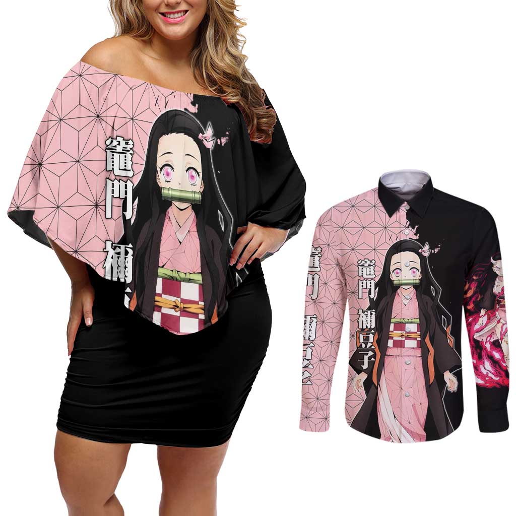 Nezuko Kamado from Demon Slayer Couples Matching Off Shoulder Short Dress and Long Sleeve Button Shirt with Pink Pattern Kimono and Demon Form Flames Design - The Mazicc