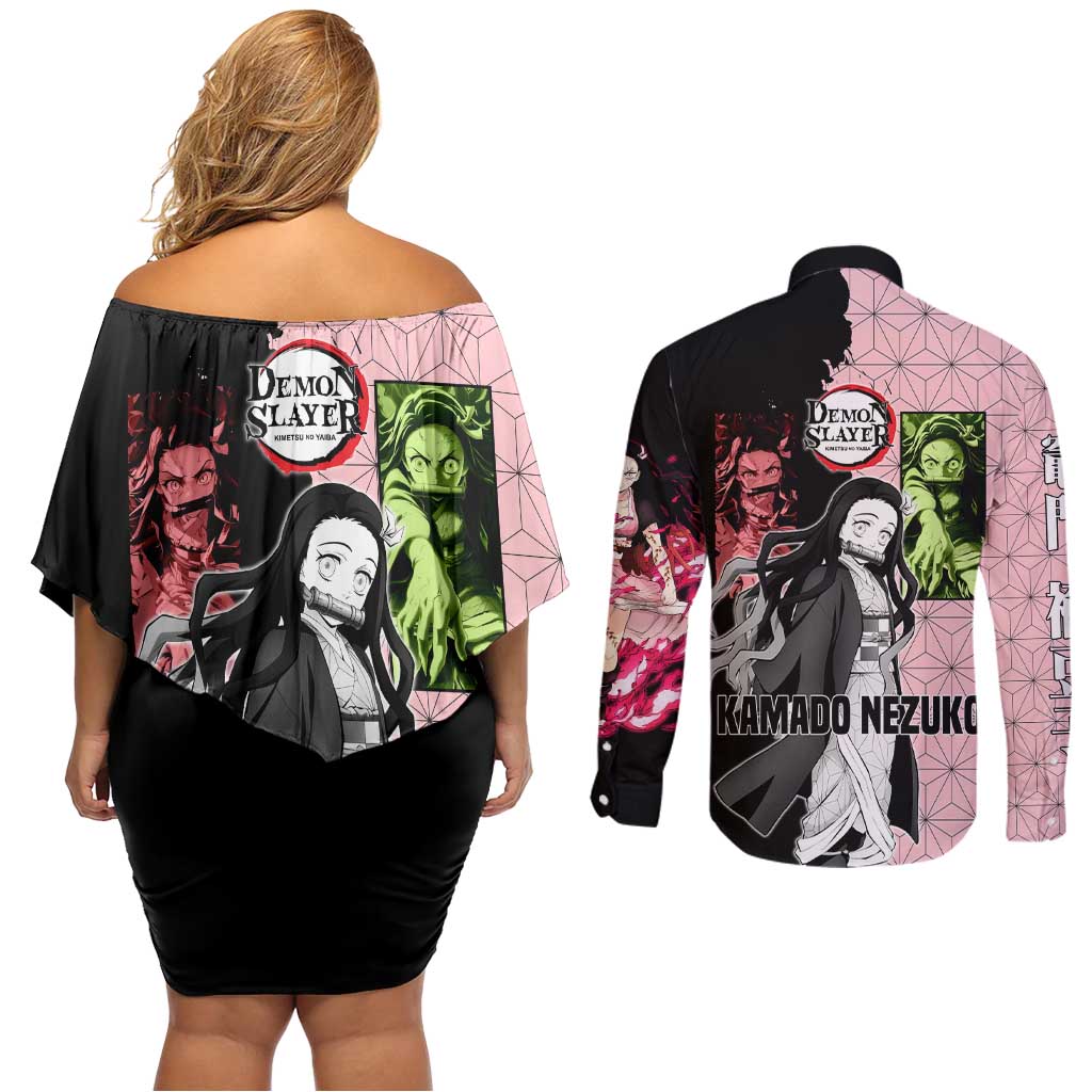 Nezuko Kamado from Demon Slayer Couples Matching Off Shoulder Short Dress and Long Sleeve Button Shirt with Pink Pattern Kimono and Demon Form Flames Design - The Mazicc