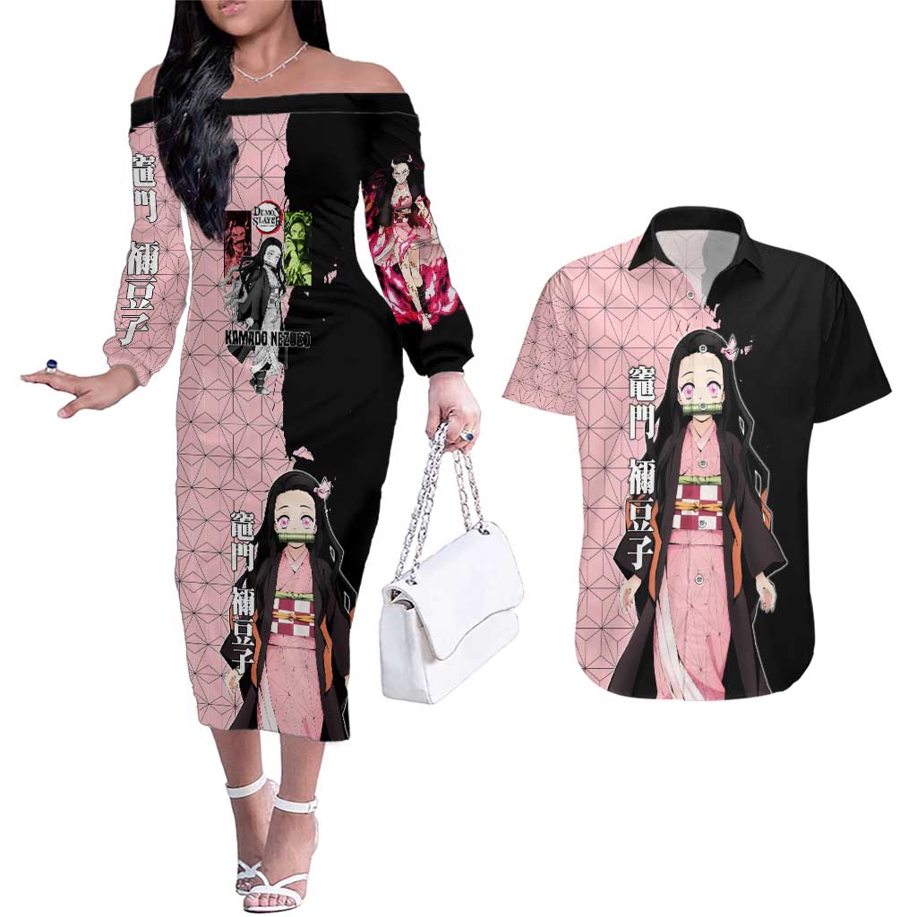 Nezuko Kamado from Demon Slayer Couples Matching Off The Shoulder Long Sleeve Dress and Hawaiian Shirt with Pink Pattern Kimono and Demon Form Flames Design - The Mazicc