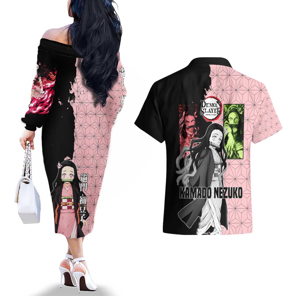 Nezuko Kamado from Demon Slayer Couples Matching Off The Shoulder Long Sleeve Dress and Hawaiian Shirt with Pink Pattern Kimono and Demon Form Flames Design - The Mazicc