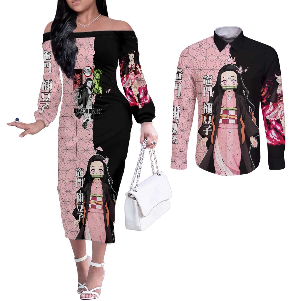 Nezuko Kamado from Demon Slayer Couples Matching Off The Shoulder Long Sleeve Dress and Long Sleeve Button Shirt with Pink Pattern Kimono and Demon Form Flames Design - The Mazicc