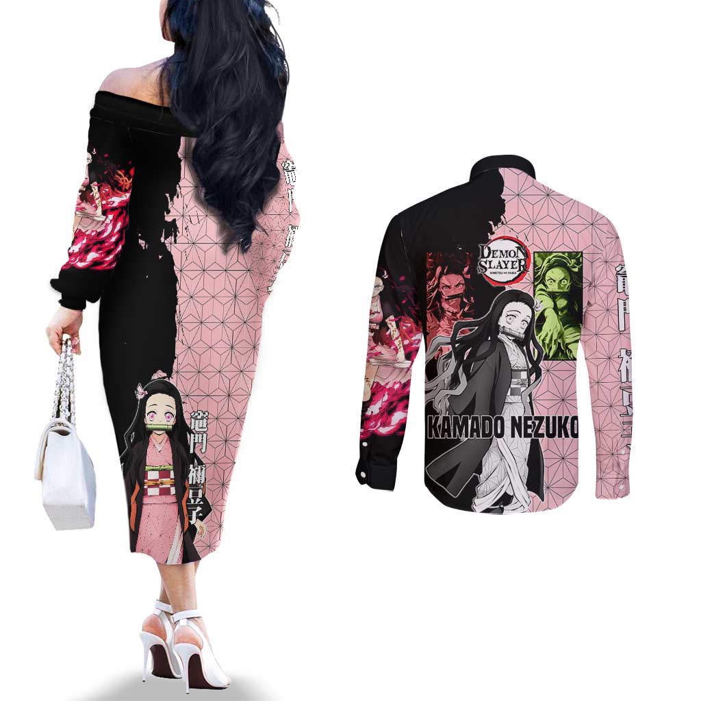 Nezuko Kamado from Demon Slayer Couples Matching Off The Shoulder Long Sleeve Dress and Long Sleeve Button Shirt with Pink Pattern Kimono and Demon Form Flames Design - The Mazicc