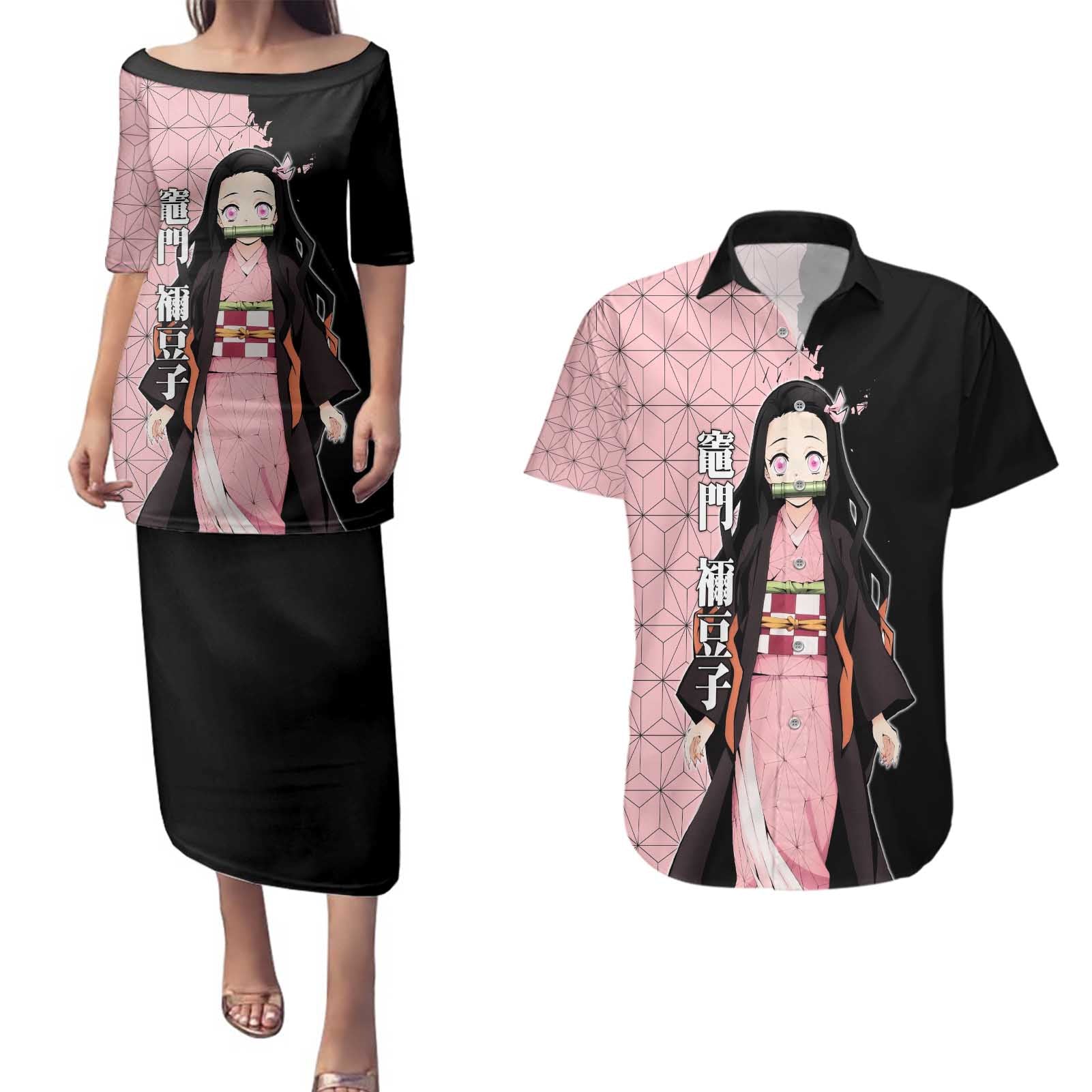 Nezuko Kamado from Demon Slayer Couples Matching Puletasi and Hawaiian Shirt with Pink Pattern Kimono and Demon Form Flames Design - The Mazicc