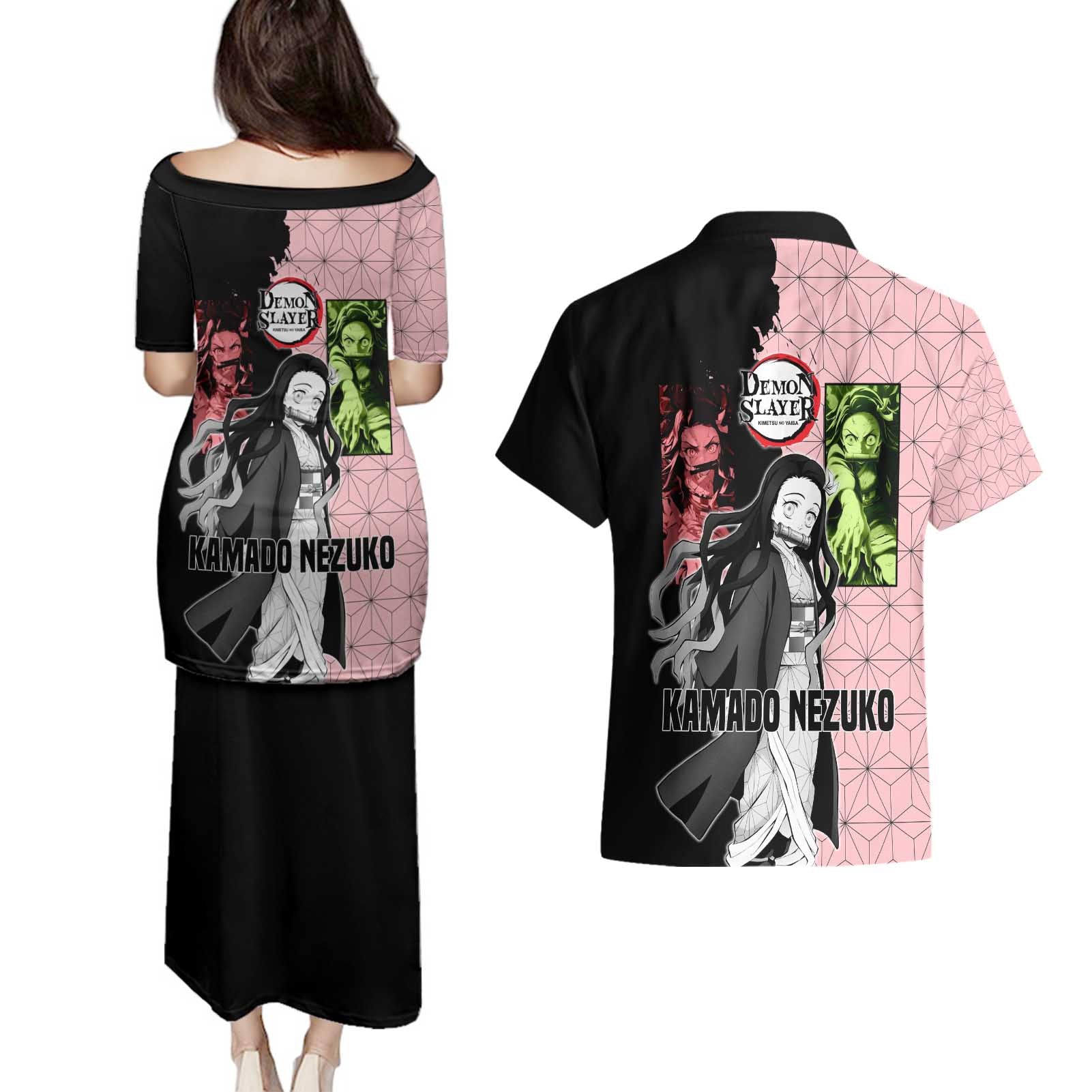 Nezuko Kamado from Demon Slayer Couples Matching Puletasi and Hawaiian Shirt with Pink Pattern Kimono and Demon Form Flames Design - The Mazicc