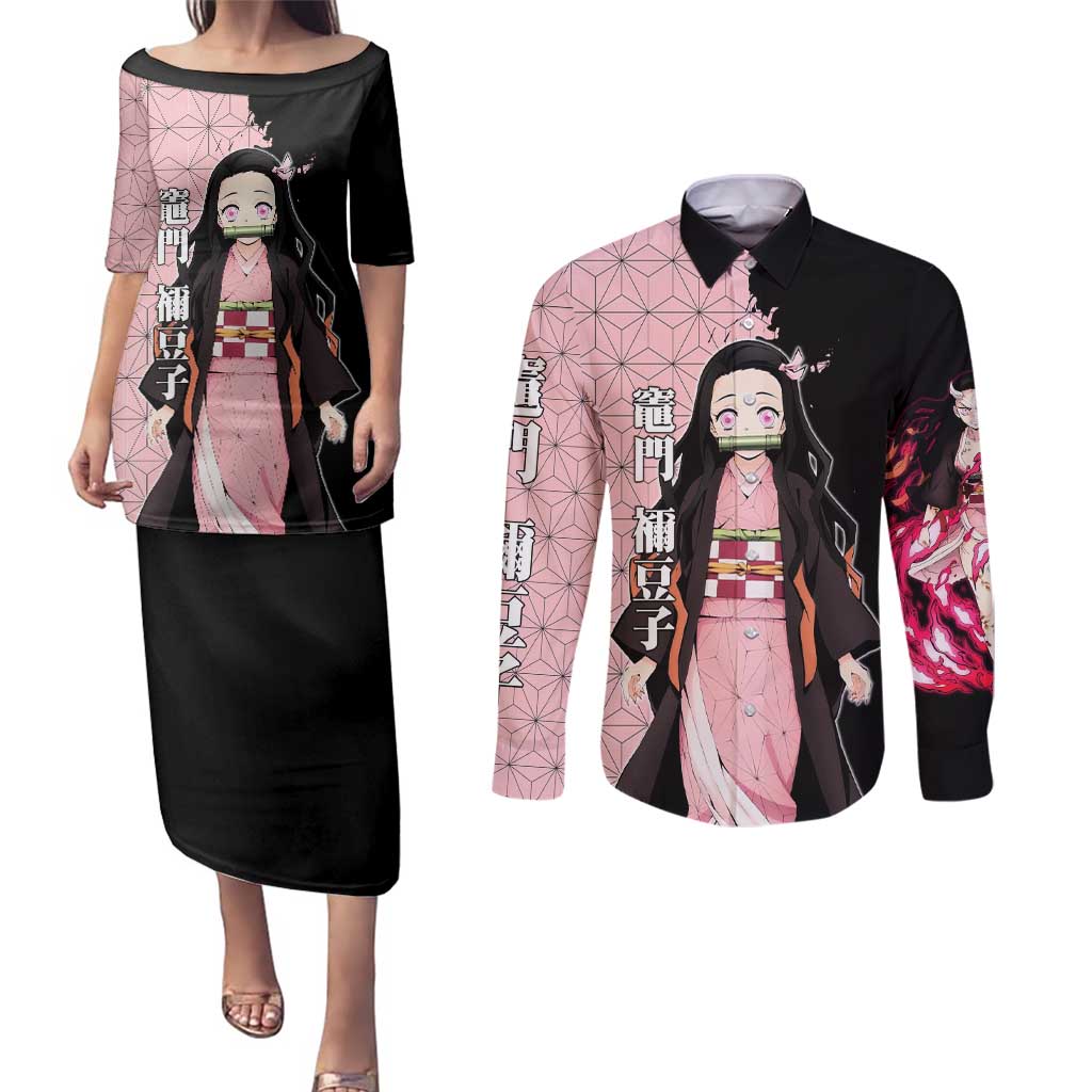 Nezuko Kamado from Demon Slayer Couples Matching Puletasi and Long Sleeve Button Shirt with Pink Pattern Kimono and Demon Form Flames Design - The Mazicc