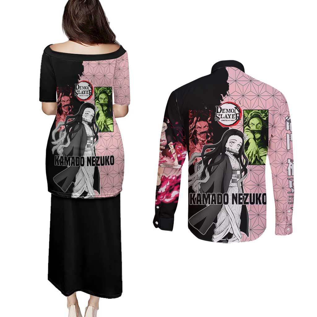 Nezuko Kamado from Demon Slayer Couples Matching Puletasi and Long Sleeve Button Shirt with Pink Pattern Kimono and Demon Form Flames Design - The Mazicc
