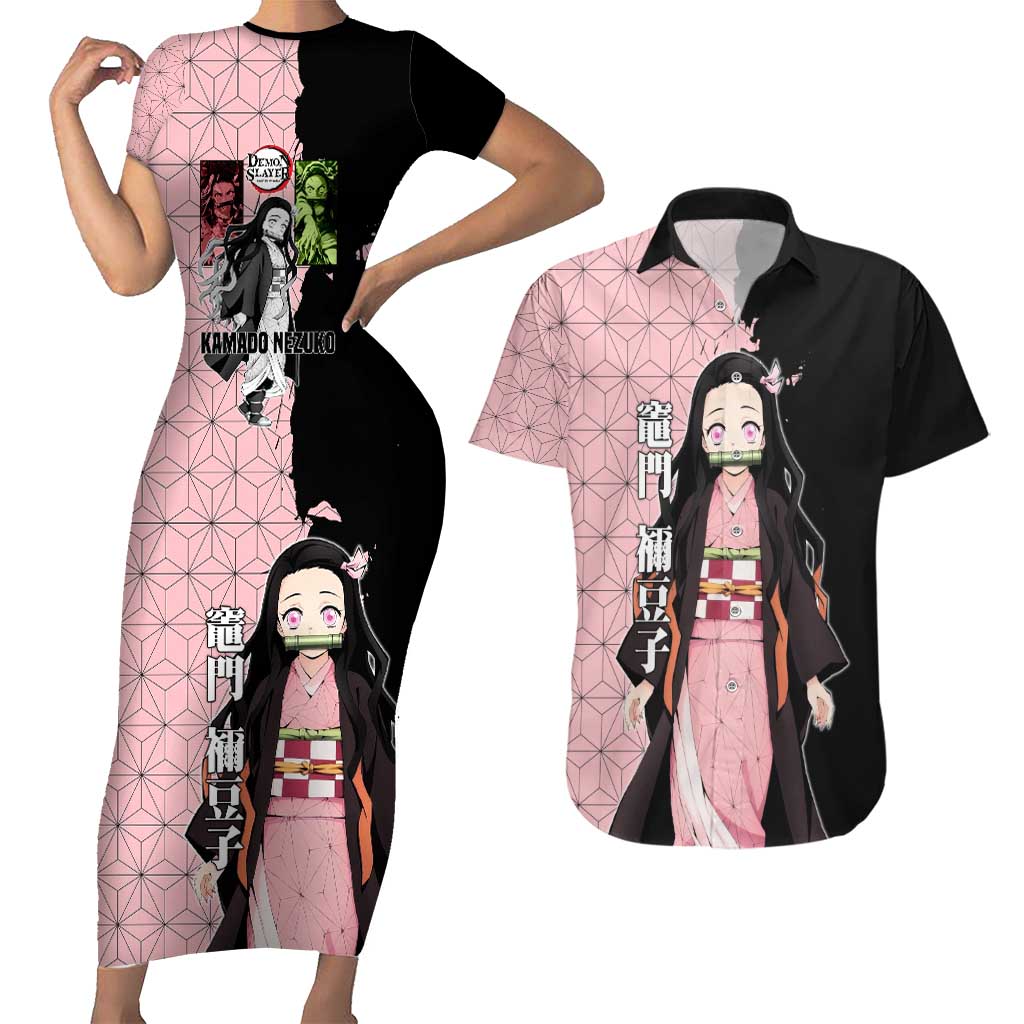Nezuko Kamado from Demon Slayer Couples Matching Short Sleeve Bodycon Dress and Hawaiian Shirt with Pink Pattern Kimono and Demon Form Flames Design - The Mazicc