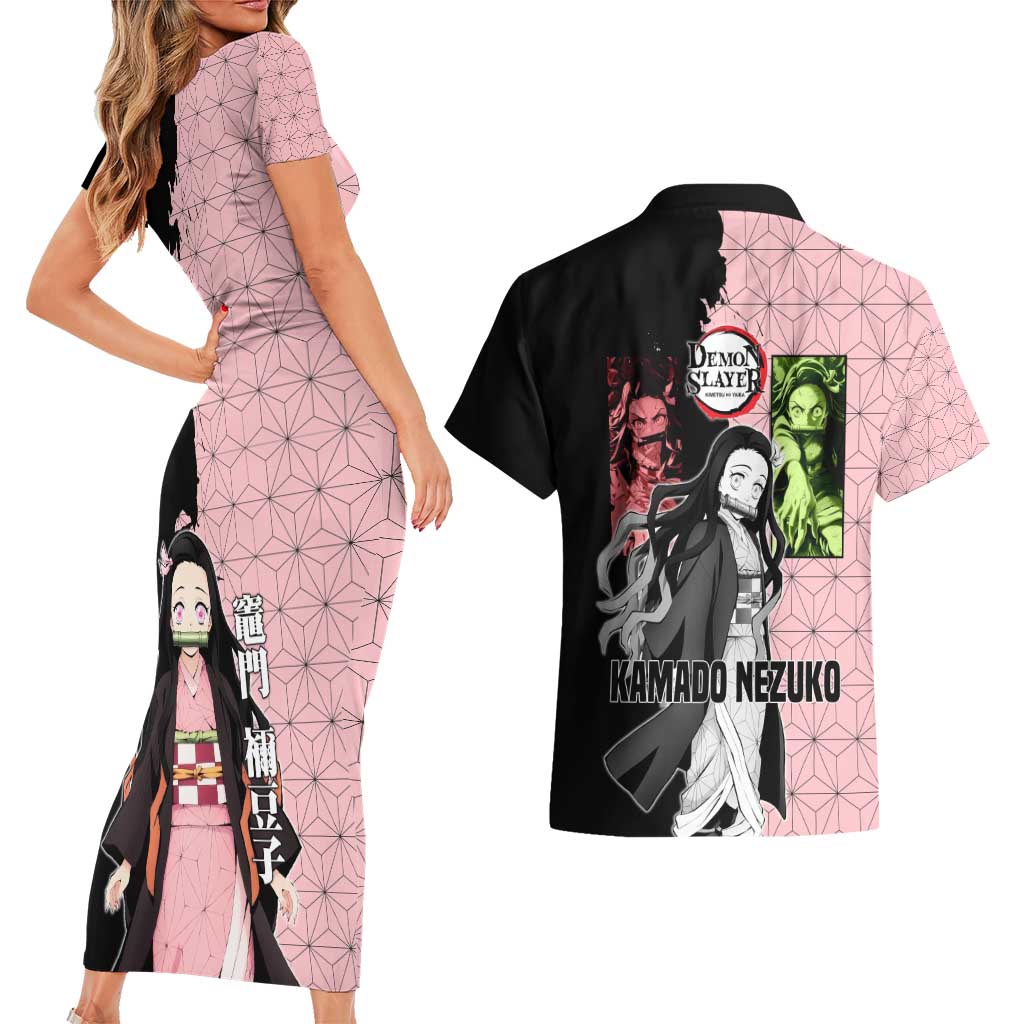 Nezuko Kamado from Demon Slayer Couples Matching Short Sleeve Bodycon Dress and Hawaiian Shirt with Pink Pattern Kimono and Demon Form Flames Design - The Mazicc