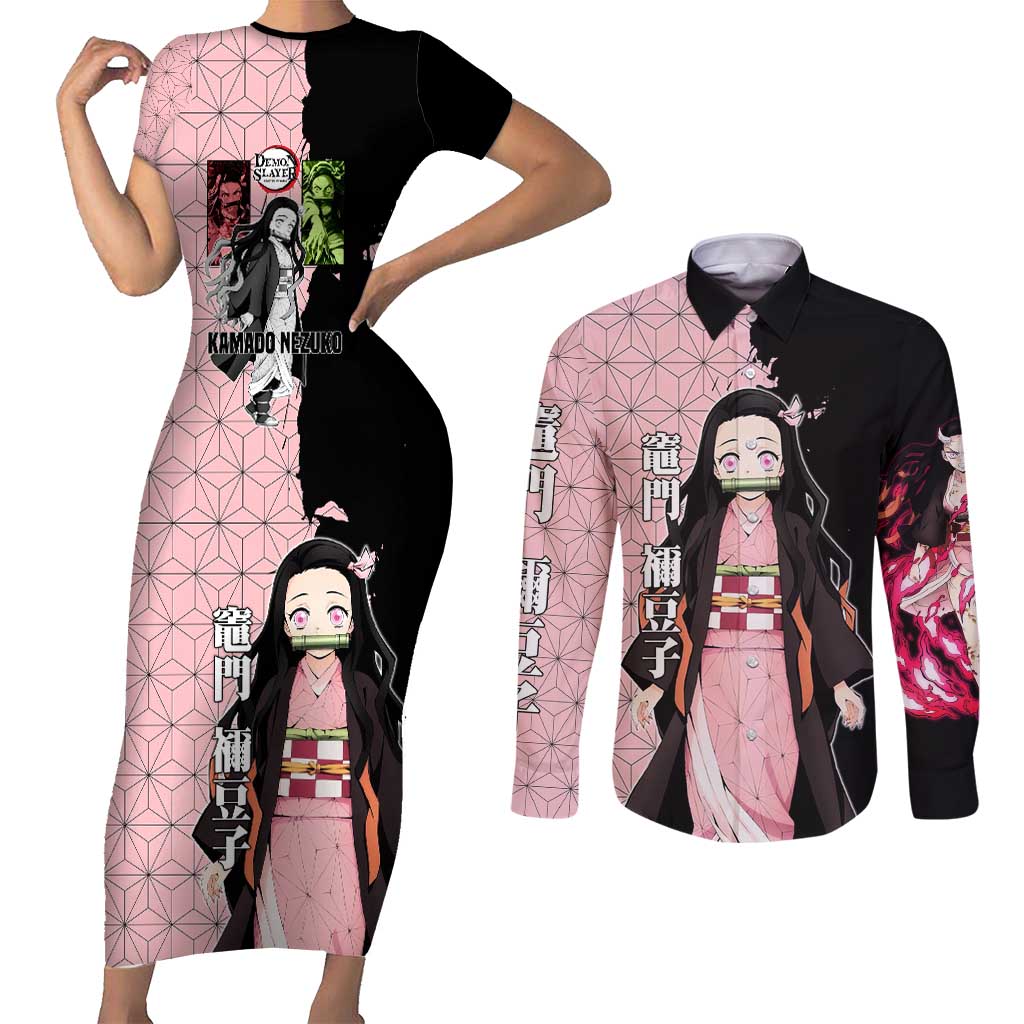 Nezuko Kamado from Demon Slayer Couples Matching Short Sleeve Bodycon Dress and Long Sleeve Button Shirt with Pink Pattern Kimono and Demon Form Flames Design - The Mazicc