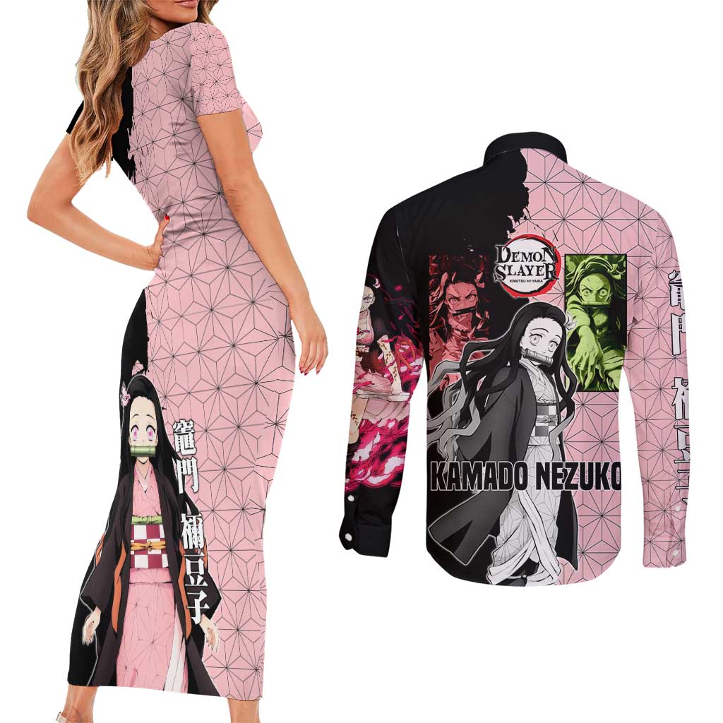 Nezuko Kamado from Demon Slayer Couples Matching Short Sleeve Bodycon Dress and Long Sleeve Button Shirt with Pink Pattern Kimono and Demon Form Flames Design - The Mazicc