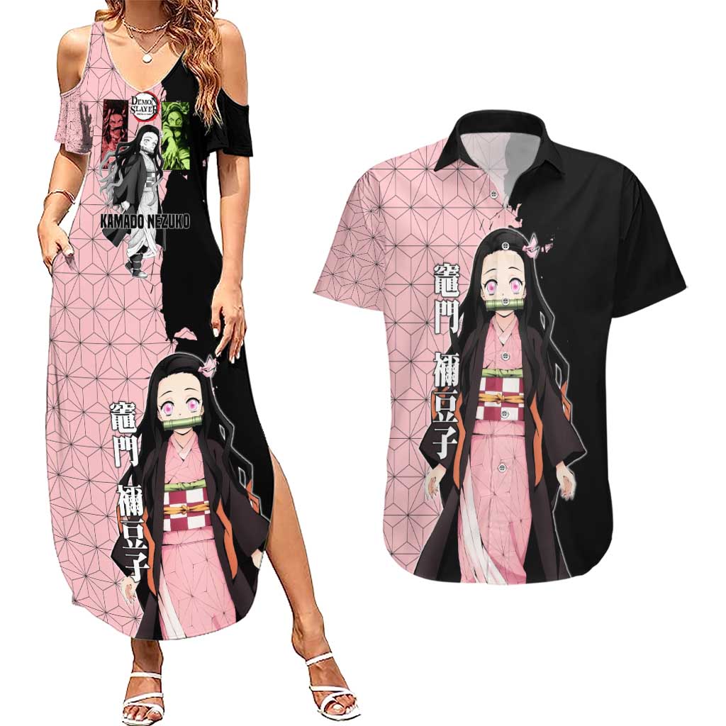 Nezuko Kamado from Demon Slayer Couples Matching Summer Maxi Dress and Hawaiian Shirt with Pink Pattern Kimono and Demon Form Flames Design - The Mazicc