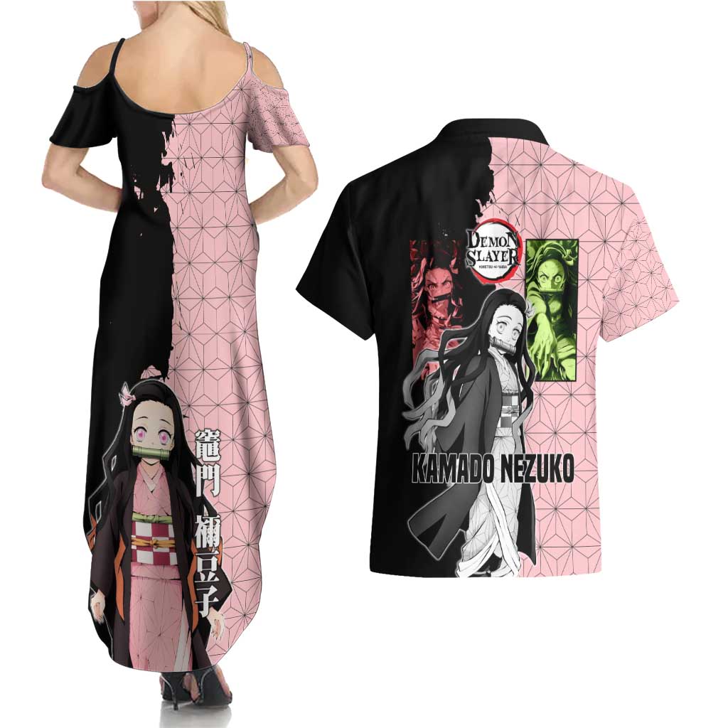 Nezuko Kamado from Demon Slayer Couples Matching Summer Maxi Dress and Hawaiian Shirt with Pink Pattern Kimono and Demon Form Flames Design - The Mazicc