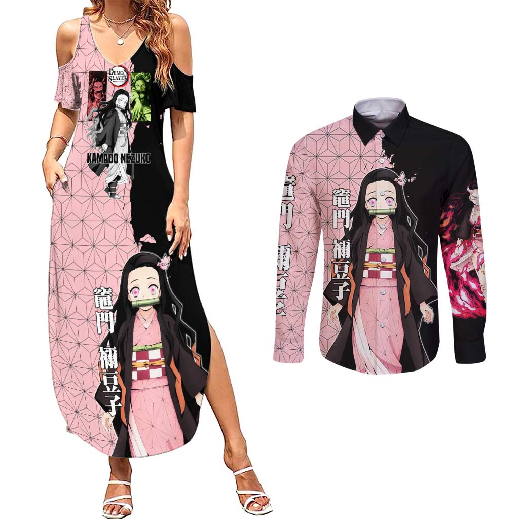 Nezuko Kamado from Demon Slayer Couples Matching Summer Maxi Dress and Long Sleeve Button Shirt with Pink Pattern Kimono and Demon Form Flames Design - The Mazicc