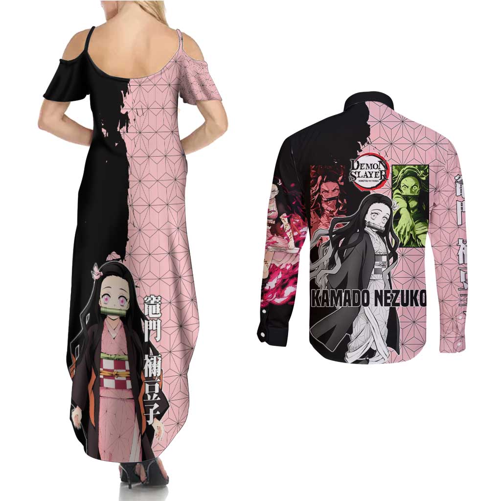 Nezuko Kamado from Demon Slayer Couples Matching Summer Maxi Dress and Long Sleeve Button Shirt with Pink Pattern Kimono and Demon Form Flames Design - The Mazicc