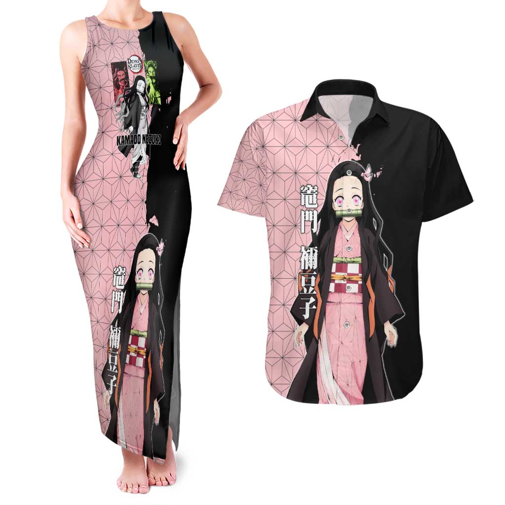 Nezuko Kamado from Demon Slayer Couples Matching Tank Maxi Dress and Hawaiian Shirt with Pink Pattern Kimono and Demon Form Flames Design - The Mazicc