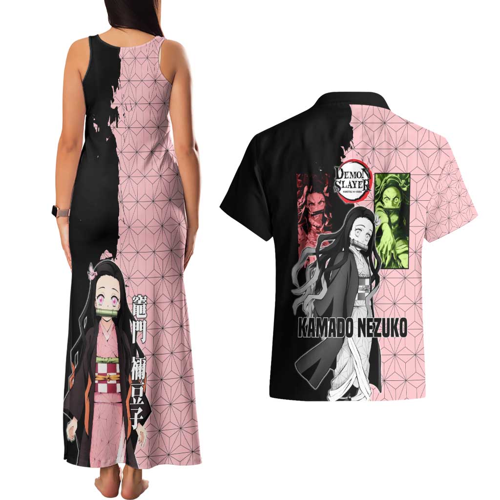 Nezuko Kamado from Demon Slayer Couples Matching Tank Maxi Dress and Hawaiian Shirt with Pink Pattern Kimono and Demon Form Flames Design - The Mazicc