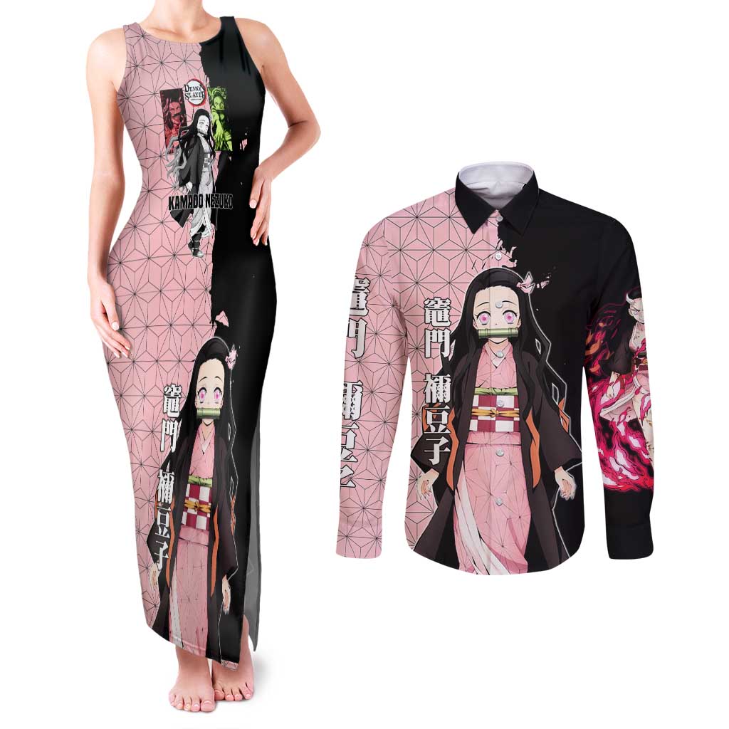 Nezuko Kamado from Demon Slayer Couples Matching Tank Maxi Dress and Long Sleeve Button Shirt with Pink Pattern Kimono and Demon Form Flames Design - The Mazicc