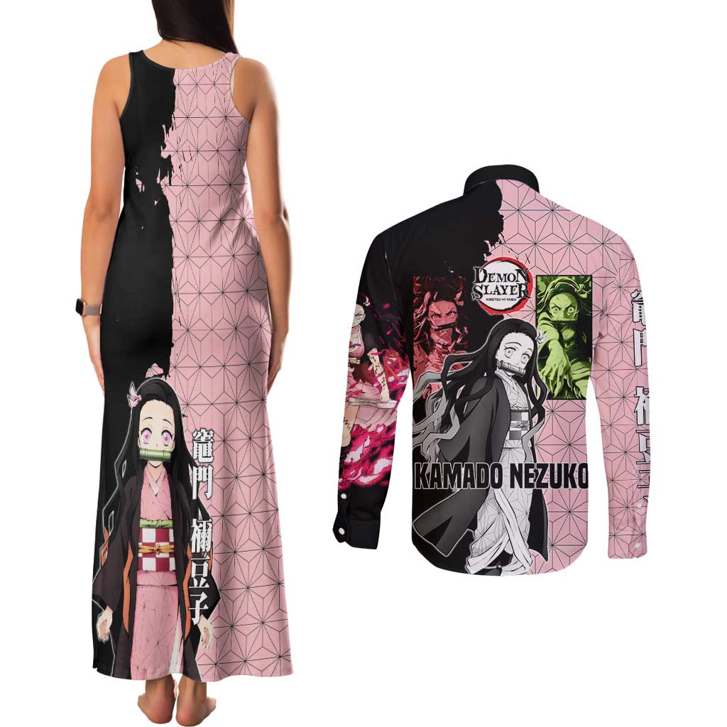 Nezuko Kamado from Demon Slayer Couples Matching Tank Maxi Dress and Long Sleeve Button Shirt with Pink Pattern Kimono and Demon Form Flames Design - The Mazicc