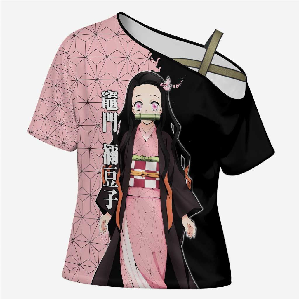 Nezuko Kamado from Demon Slayer Cross Shoulder Shirt with Pink Pattern Kimono and Demon Form Flames Design - The Mazicc