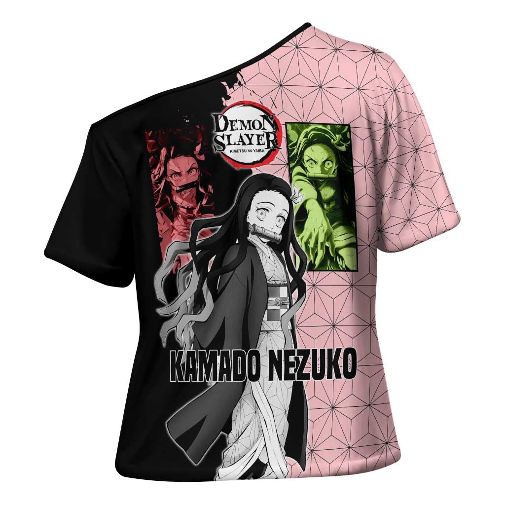 Nezuko Kamado from Demon Slayer Cross Shoulder Shirt with Pink Pattern Kimono and Demon Form Flames Design - The Mazicc