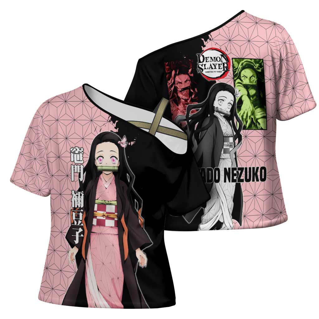 Nezuko Kamado from Demon Slayer Cross Shoulder Shirt with Pink Pattern Kimono and Demon Form Flames Design - The Mazicc