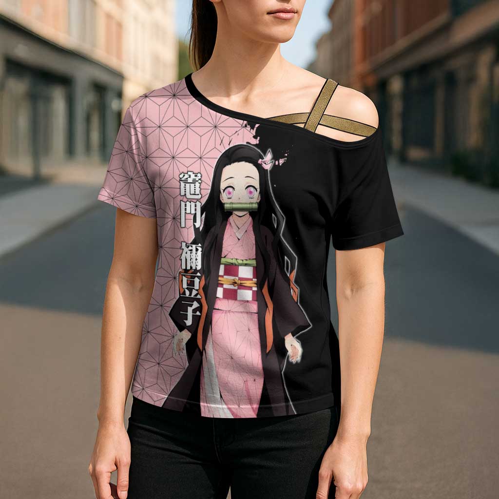 Nezuko Kamado from Demon Slayer Cross Shoulder Shirt with Pink Pattern Kimono and Demon Form Flames Design - The Mazicc