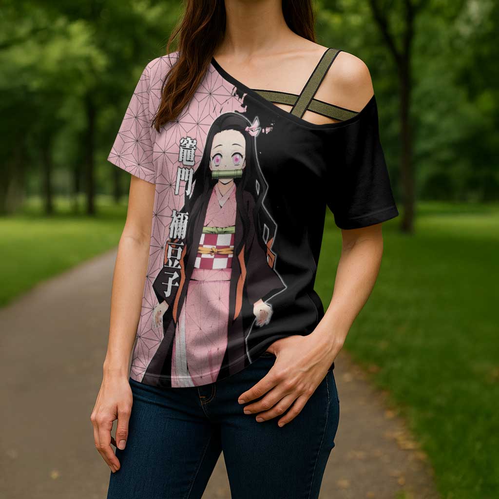 Nezuko Kamado from Demon Slayer Cross Shoulder Shirt with Pink Pattern Kimono and Demon Form Flames Design - The Mazicc