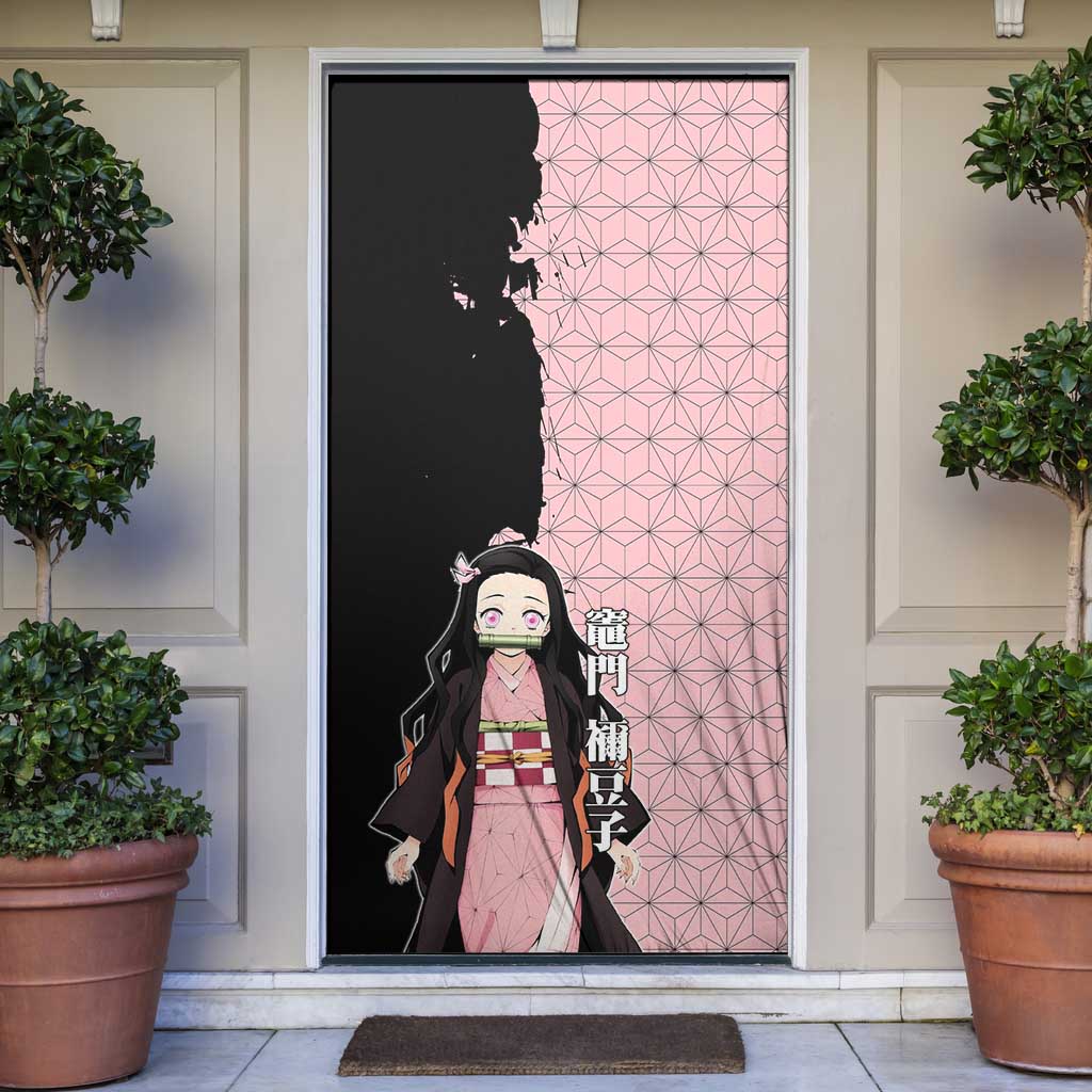 Nezuko Kamado from Demon Slayer Door Cover with Pink Pattern Kimono and Demon Form Flames Design - The Mazicc