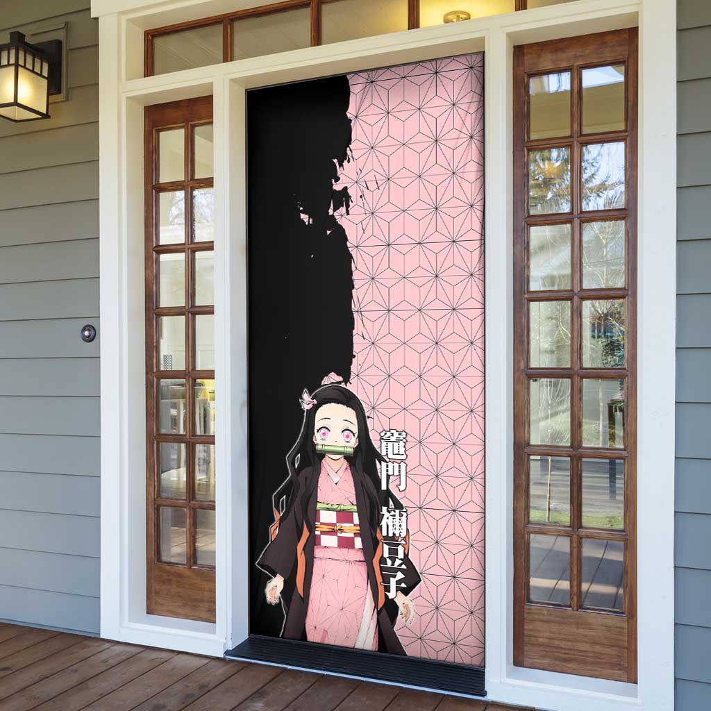 Nezuko Kamado from Demon Slayer Door Cover with Pink Pattern Kimono and Demon Form Flames Design - The Mazicc
