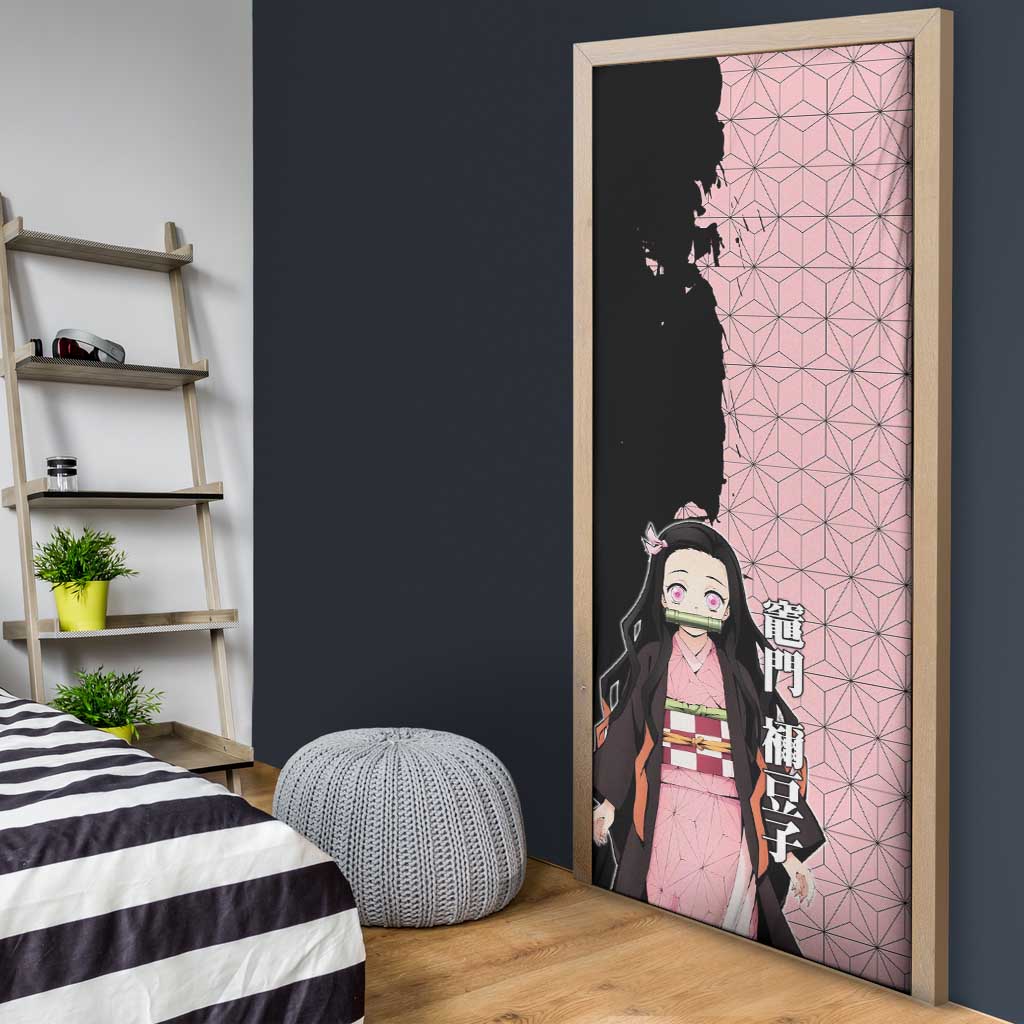 Nezuko Kamado from Demon Slayer Door Cover with Pink Pattern Kimono and Demon Form Flames Design - The Mazicc