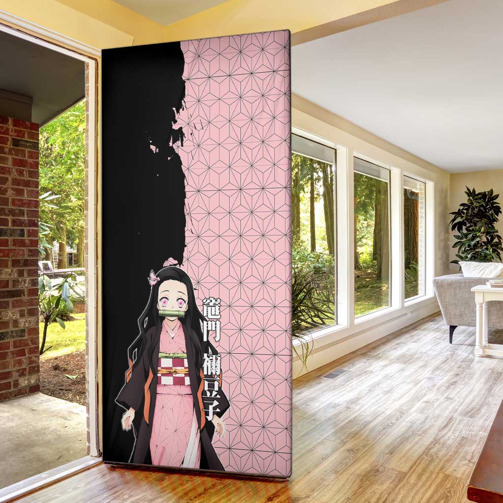 Nezuko Kamado from Demon Slayer Door Cover with Pink Pattern Kimono and Demon Form Flames Design - The Mazicc