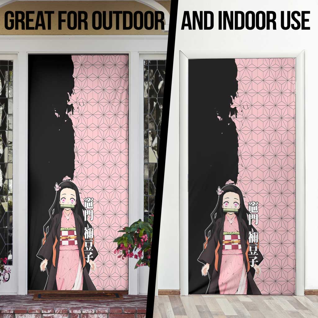 Nezuko Kamado from Demon Slayer Door Cover with Pink Pattern Kimono and Demon Form Flames Design - The Mazicc