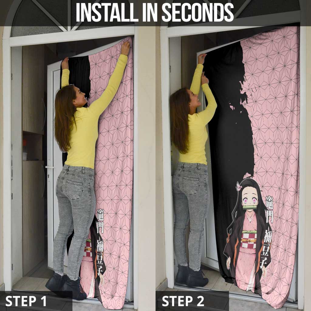 Nezuko Kamado from Demon Slayer Door Cover with Pink Pattern Kimono and Demon Form Flames Design - The Mazicc