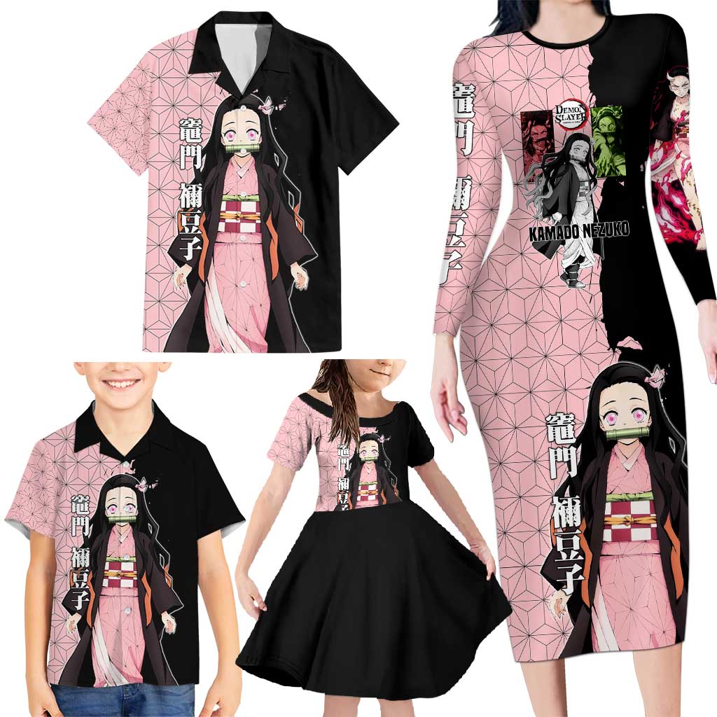 Nezuko Kamado from Demon Slayer Family Matching Long Sleeve Bodycon Dress and Hawaiian Shirt with Pink Pattern Kimono and Demon Form Flames Design - The Mazicc