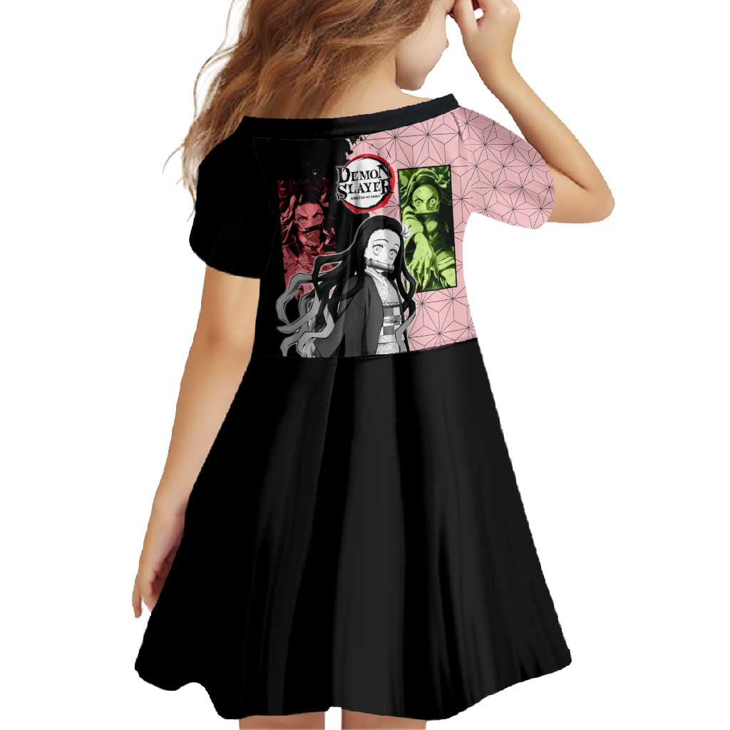 Nezuko Kamado from Demon Slayer Family Matching Long Sleeve Bodycon Dress and Hawaiian Shirt with Pink Pattern Kimono and Demon Form Flames Design - The Mazicc