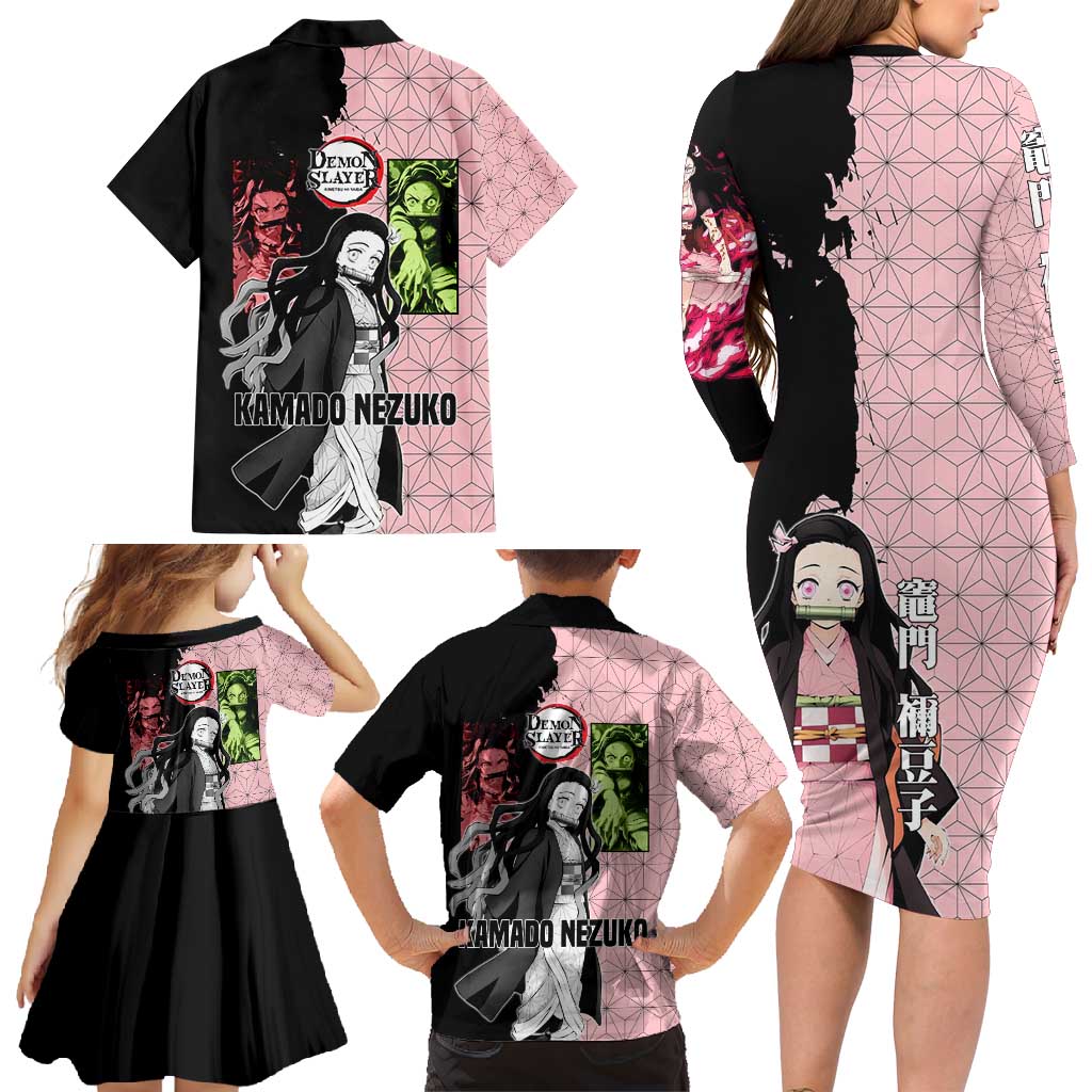 Nezuko Kamado from Demon Slayer Family Matching Long Sleeve Bodycon Dress and Hawaiian Shirt with Pink Pattern Kimono and Demon Form Flames Design - The Mazicc