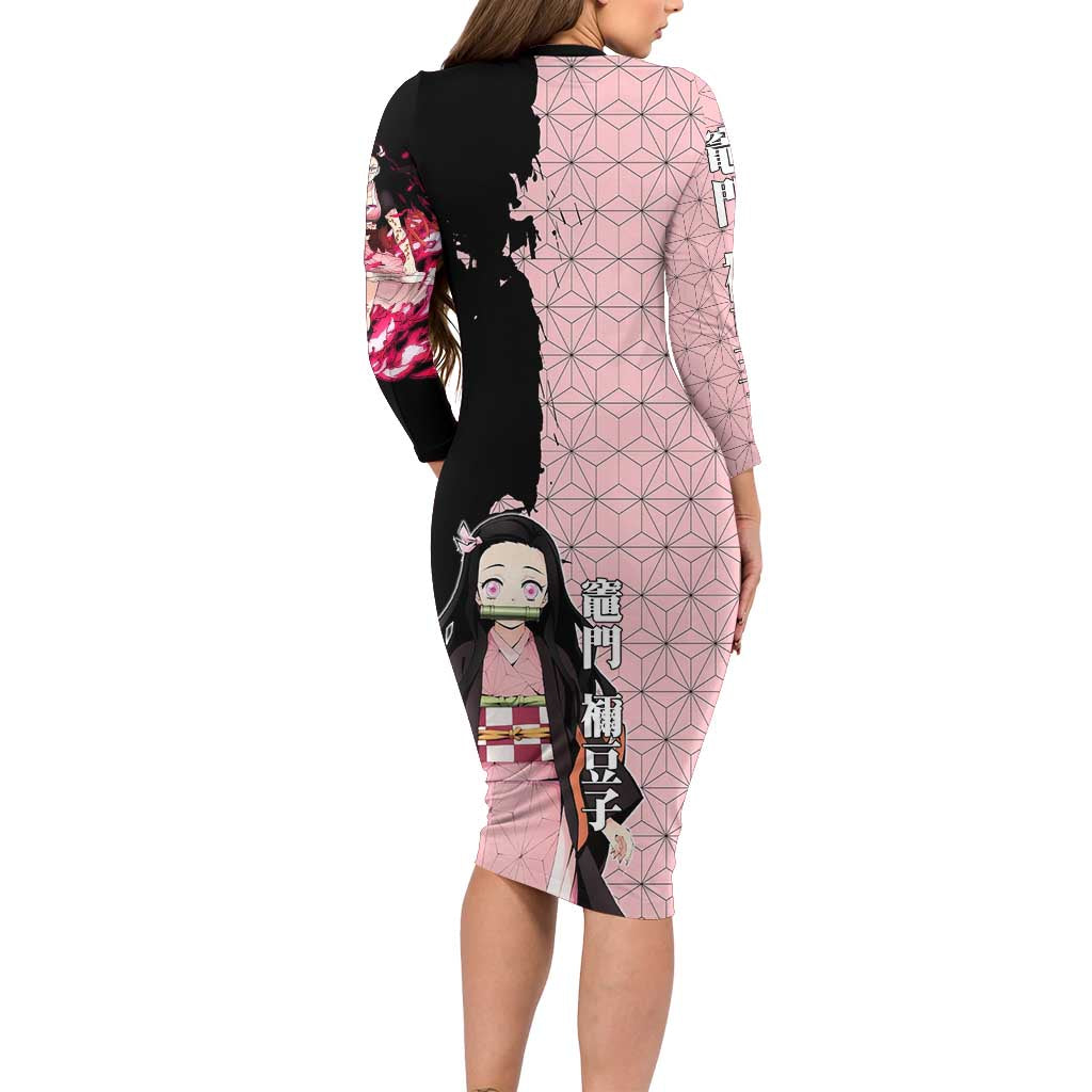 Nezuko Kamado from Demon Slayer Family Matching Long Sleeve Bodycon Dress and Hawaiian Shirt with Pink Pattern Kimono and Demon Form Flames Design - The Mazicc